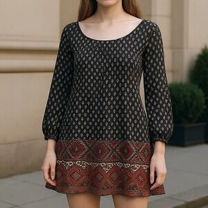 Altar'd State Women's Dress Small Navy Bohemian Printed Long Sleeve Mini NWT